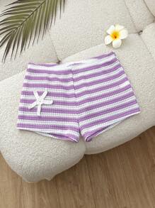Women Striped Knitted Crochet Decor Shorts, Casual Spring/Summer Beach/Vacation