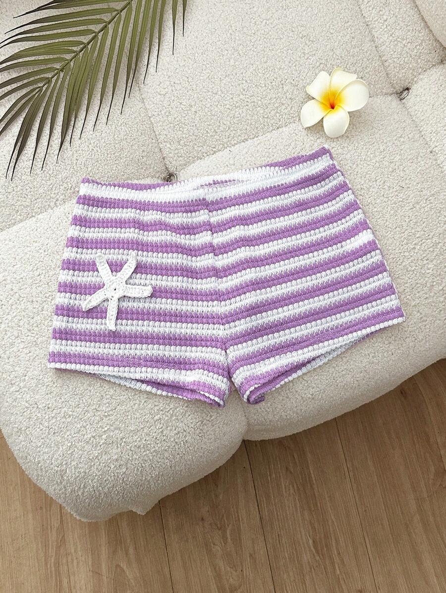 Women Striped Knitted Crochet Decor Shorts, Casual Spring/Summer Beach/Vacation