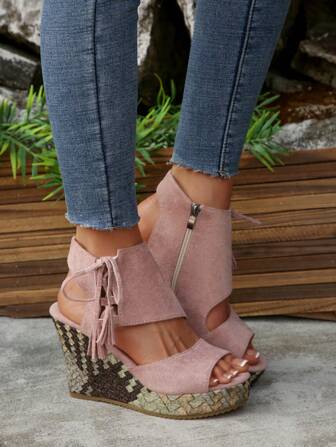 Women's Thick Sole Wedge Sandals High Heel Peep-Toe Casual Zipper Decor Roman Shoes, Summer