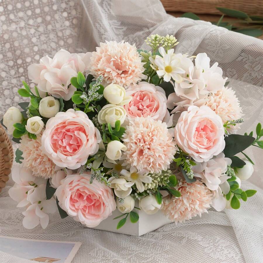 3 Bunches Artificial Peony Hydrangea & Chrysanthemum Bouquet, Real Touch Faux Flowers, Bridal Hand Bouquet,Home Office Decor, Flower Arrangements Artificial Centerpiece, Outdoor Garden Yard Wedding Birthday Bridal Shower Decor,Fall Decor,Autumn