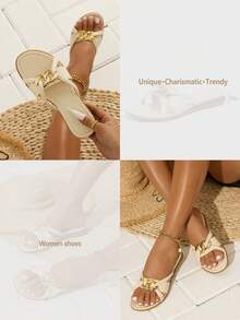 Sandales plates à bout rond confortables et pour femmes, style bohème avec décoration de chaîne métallique, modèle simple à enfiler - Nude - Voir 9