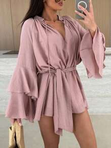 1pc Women's Casual Comfortable Commuting Everyday Spring/Summer/Autumn Long Sleeve Multi-Layered Cuff V-Neck Tie-Waist Blouse, Suitable For Daily Wear, Travel, Cafe, Date, Shopping, Halloween, Christmas, New Year, Thanksgiving