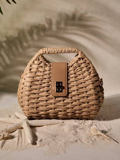 Tropiscape Fashionable Simple Woven Seashell Handbag For Women, Portable Turn-Lock Shoulder Crossbody Bag, Suitable For Vacation Travel, Wicker Bag Beach Autumn Christmas Christmas Winter Christmas Gifts