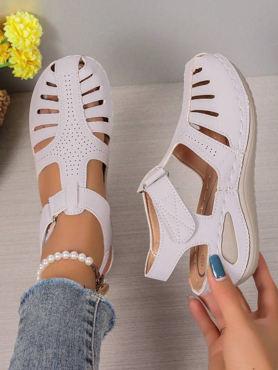 Women's Wedge Sandals, Thick Sole Sexy Hollow-Out New Design Mid-Heel Closed Toe Sandals - Light Grey - View 1