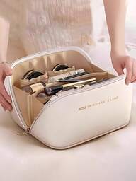 Bolsa de cosméticos de cuero PU impermeable de doble capa de gran capacidad, organizador de viaje multifuncional, bolsa de almacenamiento y organización de maquillaje, bolsa de aseo