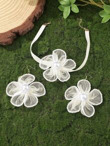 3pcs/Set White Lace Floral Earrings Necklace Jewelry Set, Daily & Holiday Accessories - White - View 1