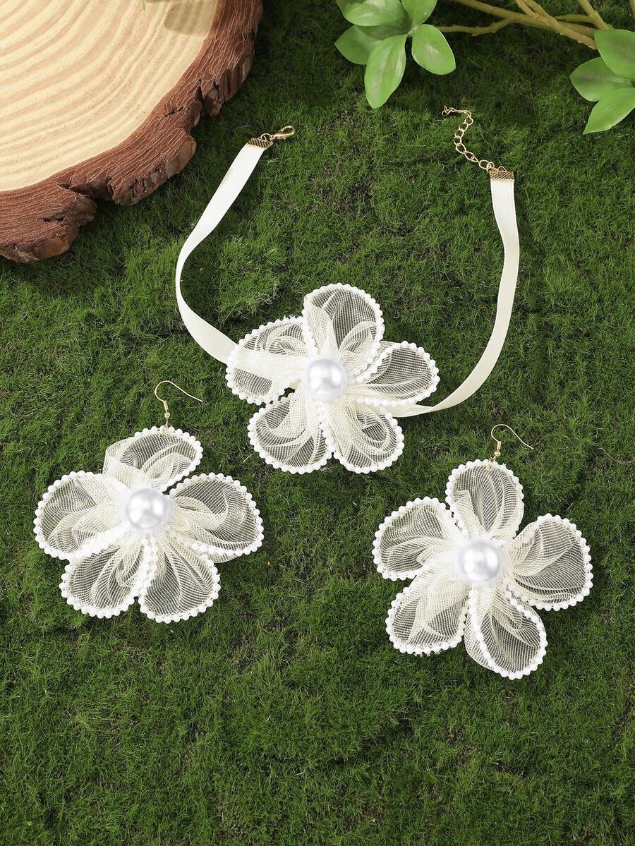 3pcs/Set White Lace Floral Earrings Necklace Jewelry Set, Daily & Holiday Accessories - White - View 1