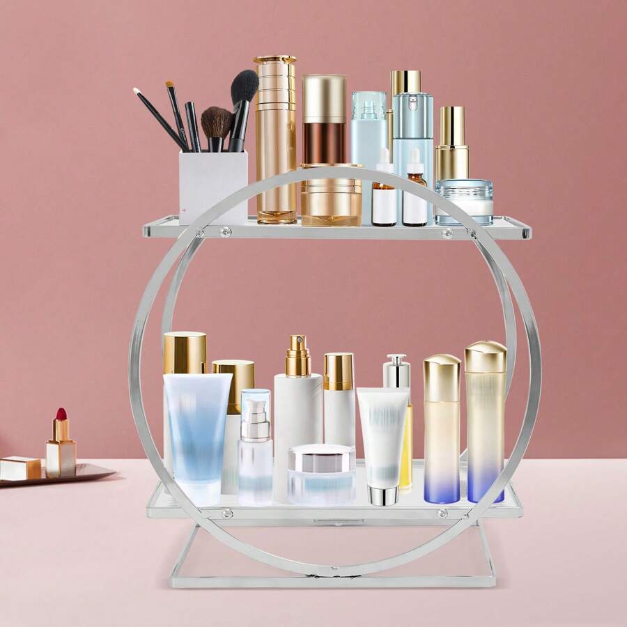 香水收纳盒、护肤品收纳盒、大容量、化妆梳妆台收纳架、2 层化妆品展示托盘，适用于浴室台面收纳盒、化妆品收纳盒、返校季
