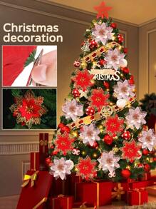Set de 10 piezas de adornos navideños de flores de Nochebuena con brillo - Flores de Nochebuena artificiales con pinzas y tallos, para decorar coronas navideñas, decoración festiva de Navidad y Año Nuevo