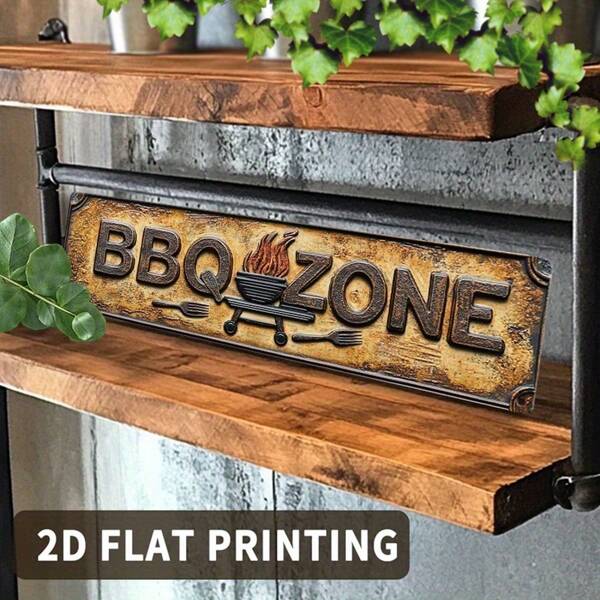 Vintage BBQ Zone Metallschild - Rustikale 2D Wanddekoration mit Grill-Meister Illustration, perfekt für Terrasse oder Garten, 16x4 Zoll (40x10cm), Metall, vielseitige Außendekoration, Metalloutdoor-Dekoration
