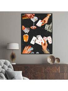 1 pezzo Dipinto su tela con stampa vintage di carte da gioco, arte murale vintage con carte da poker e bicchieri, cartellone vintage ideale per decorazioni di carrelli bar, decorazioni per la casa, regali per feste e compleanni, decorazioni per ufficio. Opzione di cornice per l'opera d'arte.