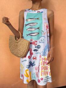 Sea Starshine Boho Beachwear Spring And Summer Fashion Vacation Casual Tropical Sardine Vibrant Ocean World English Letter Print Dress Brunch Outfits For Women