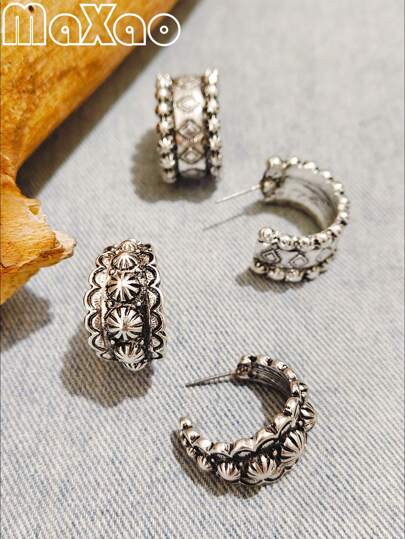 Women's Retro Style Concho C-Shape Hoop Earrings, Different Colors Suitable For Various Occasions And Outfits, Buy Now And Add To Your Jewelry Box