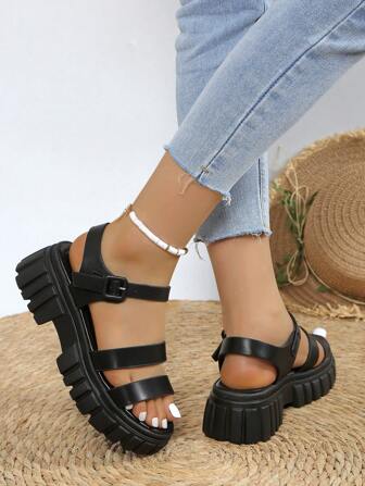 Sandalias de suela gruesa de unicolor para mujer de talla grande - Cómodas sandalias de suela gruesa con punta abierta, con correa ajustable, suela de goma antideslizante - Sandalias deportivas de moda multifuncionales para el verano
