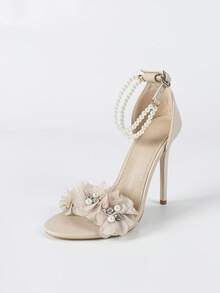 Giày sandal cưới cao gót trắng dành cho nữ, đính ngọc trai giả kiểu Pháp và trang trí hoa, giày cao gót thanh lịch, đa năng, phù hợp cho tiệc cưới của cô dâu. - Màu be - Xem 7