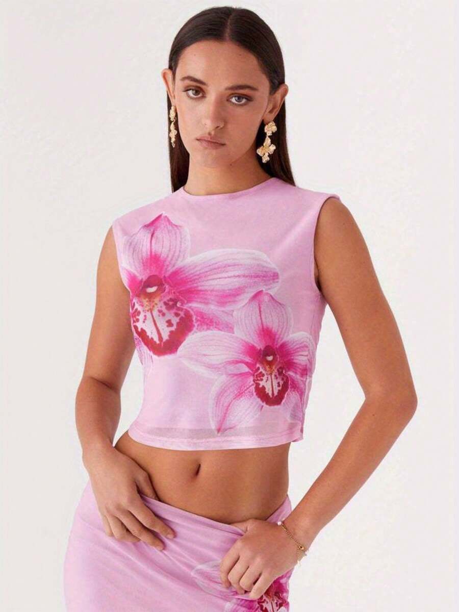 Women Tank Top, Sleeveless Tops Flower Print Slim Fit Summer Clubwear For Daily Party