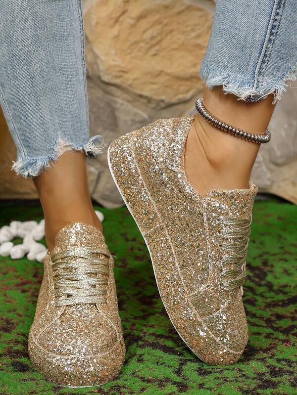 Bequeme, lässige, modische Damen Slip-On Schnür-Sneaker mit goldenem Paillettenbesatz für den Sport Outdoor