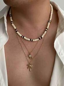 3 件套男士夏季椰壳和贝壳串珠项链，时尚百搭金属扁平蛇链项链，适合休闲、派对和礼物 - 混色 - 查看 16