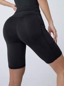 1pc Women's Dual Side Pocket Yoga Shorts - Summer Outdoor Sports Tight Fitted 5-Point Pants, High Waist High Elastic Thin Fitness Shorts