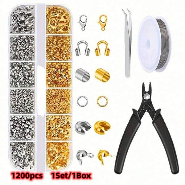 1200Pcs 1set/1box Cnmp Beads Supplies For JewelryMaking, Including Crimp Covers, CnmpTubes, Bracelet Clasps And Closures, CrimpEnds, Jump Rings, Crimping Pliers AndBeading Wire For Bracelets Making Creating A Women's Fashion Phone Chain