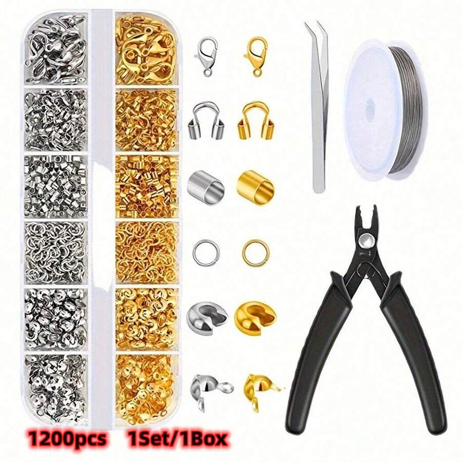 Yiwu Qiyou Accessories Co., LTD 1200件/套/盒 CNMP 首饰制作配件，包括压接盖、CMP 管、手链扣、压接端头、开口圈、压接钳和串珠线，适用于手链和女士时尚手机挂绳 DIY