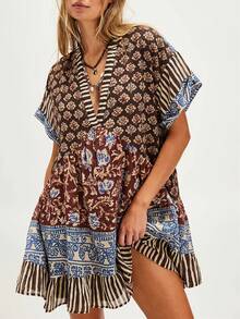 Women's Boho Mini Dress Y2k Floral Deep V-Neck Puff Sleeve Short Dresses Summer Causal Flowy Beach Sundress - màu nâu - Xem 1