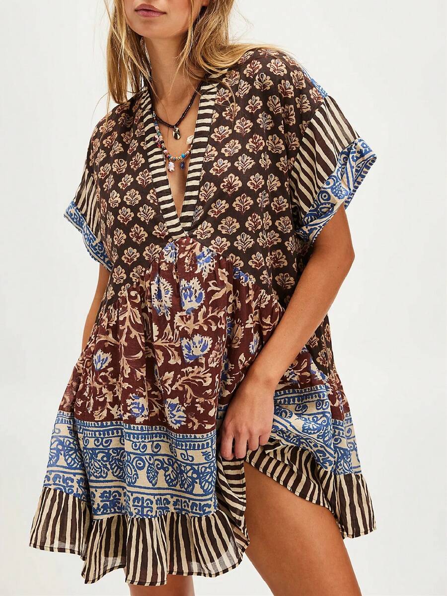 Women's Boho Mini Dress Y2k Floral Deep V-Neck Puff Sleeve Short Dresses Summer Causal Flowy Beach Sundress - màu nâu - Xem 1