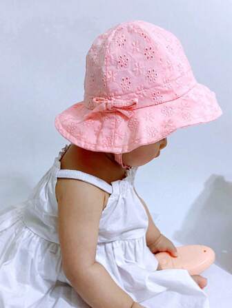 1pc Girls' Bowknot Hollow Embroidery Bucket Hat, Adjustable Brim, Sun Protection For Summer/Autumn