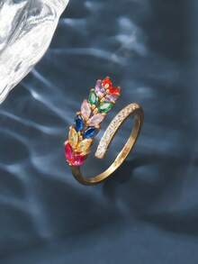 1 件优雅简约彩色方晶锆石叶子装饰戒指黄金首饰适合女士日常休闲装或派对配饰 - 銀色 - 查看 14