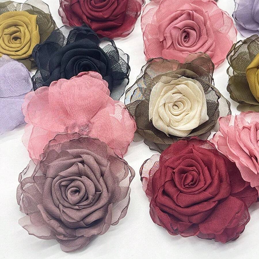 7pcs/Set Exquisite High-End Burnt Edge Fabric Handmade Mesh Roses, Handmade Sewing Material Accessories, Suitable For Diy Gift Box Packaging, Wedding Party Decorations, Handmade Sewing Crafts Accessories Making, Wedding Dress Decoration - Multicolor - View 1