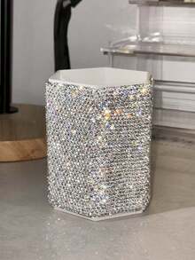 1 pieza Cilindro de almacenamiento multifuncional, soporte para brochas de maquillaje con decoración de lujo de cristales brillantes, organizador de bolígrafos cosméticos, caja de almacenamiento para tocador, gran capacidad para sala de estar, oficina, escritorio, regalo para fiestas - Multicolor - Ver 6
