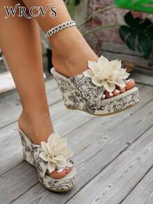 WRCVS Women's Beige Wedge Sandals With Random Floral Prints, Platform Thick Sole, Straw Rope Bottom, Elegant Strap Summer Holiday Comfort Increased Height Sunflower Beach Shoes - Beige - View 5