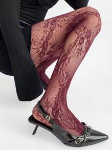 1 pieza Medias vintage de mujer con jacquard de encaje y rosas florales, pantalones ajustados de alta elasticidad, pantimedia transparente y estilizadora