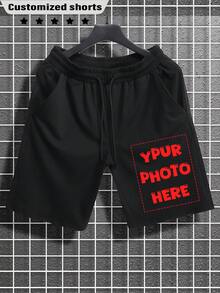 Customized Men's Shorts, Spring/Summer Versions, Personalized Design, Upload Your Photo/Couple/Family/Pet/Friend/Landscape, Enter Your Text/Name/Slogan/Funny Message/Wishes. Men's Black Casual/Sports Shorts, Holiday/Valentine's/Birthday/Anniversary Photo Customized Gift, Spring/Summer Shorts - Black - View 1