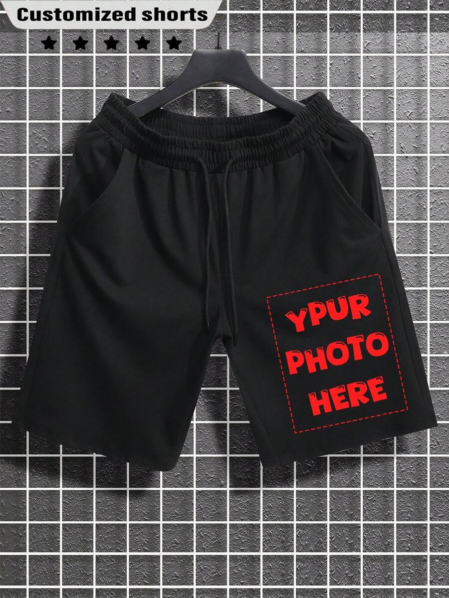 Customized Men's Shorts, Spring/Summer Versions, Personalized Design, Upload Your Photo/Couple/Family/Pet/Friend/Landscape, Enter Your Text/Name/Slogan/Funny Message/Wishes. Men's Black Casual/Sports Shorts, Holiday/Valentine's/Birthday/Anniversary Photo Customized Gift, Spring/Summer Shorts - Black - View 1