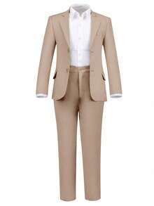 男童两件套西装套装，幼儿燕尾服礼服，花童服装，婚礼西装外套及裤子，香槟色，尺码4-16岁 - 卡其色 - 查看 4