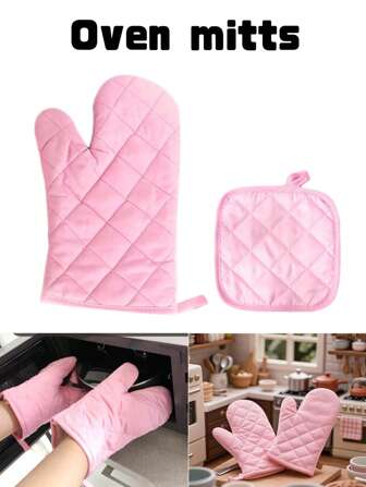 2 pièces/4 pièces Set de gants de four et de maniques en tissu de polyester imprimé rose unicolore, gants micro-ondes et protecteur de table, gants de cuisson main gauche et droite, résistants à la chaleur pour la cuisine à domicile