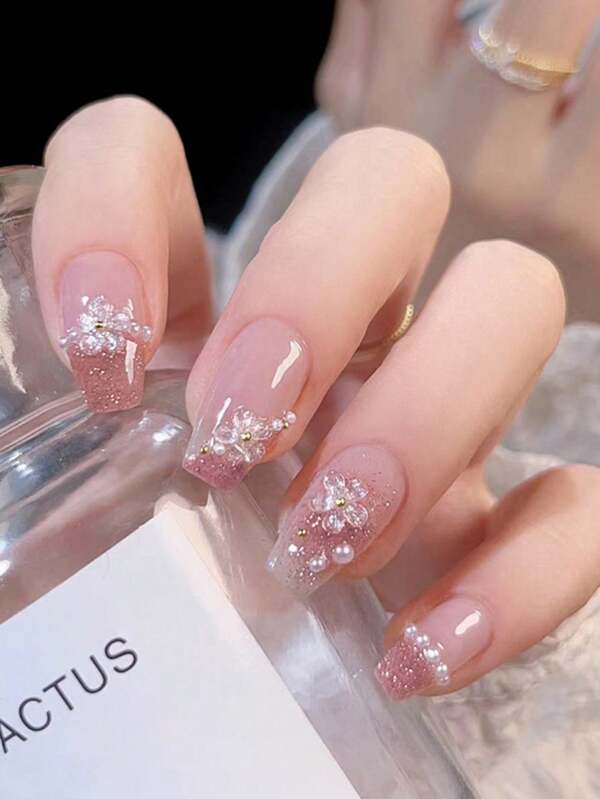 24pcs Flower Pearl Glitter French False Nails, Long Coffin Pink Ombre Gradient Fake Nails With 3D Flowers, Cute & Sweet For Spring/Summer, Includes Jelly Gel And Nail File, Suitable For Women/Girls For Music Festivals, Parties, Shopping, Travel, Dates