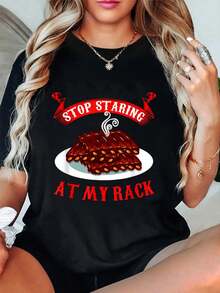 Stop Staring At My Rack T-Shirt - Funny Spare Ribs BBQ Gift T-Shirt Summer Outfits For Women T Shirts Women Graphic Tees Women - Black - View 1