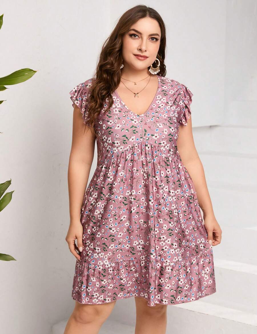 Womens Plus Size Casual Tunic Shift Dress V Neck Loose Swing Ruffle Summer Boho Midi Dress With Pockets - Màu Hồng  San hô - Xem 1