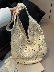 女士手工钩编单肩托特包，向日葵风格编织设计，大容量柔软托特包，时尚优雅，适合旅行 - 白色 - 查看 6