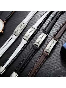 Personalized Men's Leather Carved Bracelet, Customizable Text, Minimalist Layered Woven Bangle, Birthday Gift, Father's Day, Wedding, Christmas Present For Him, Dad, Boyfriend