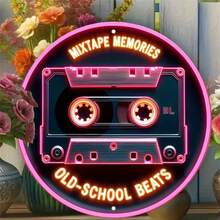 1个2D平面复古磁带霓虹灯招牌，8英寸圆形木质艺术墙饰，适用于酒吧、咖啡馆、海滨别墅、后院、露台、车库、客厅装饰，预钻孔位置见尺寸表 - 彩色 - 查看 8