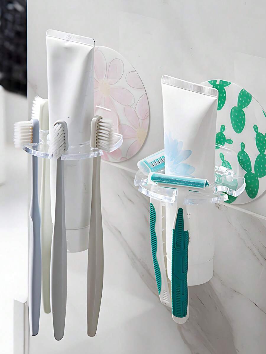 Estante adhesivo para cepillos de dientes, soporte para cepillos de dientes montado en la pared para el baño, almacenamiento plegable de cinco agujeros, soporte para pasta de dientes y cepillos de dientes, estante de almacenamiento multifuncional que puede guardar maquinillas de afeitar y bolas de baño, ahorra espacio en el mostrador, accesorios de baño