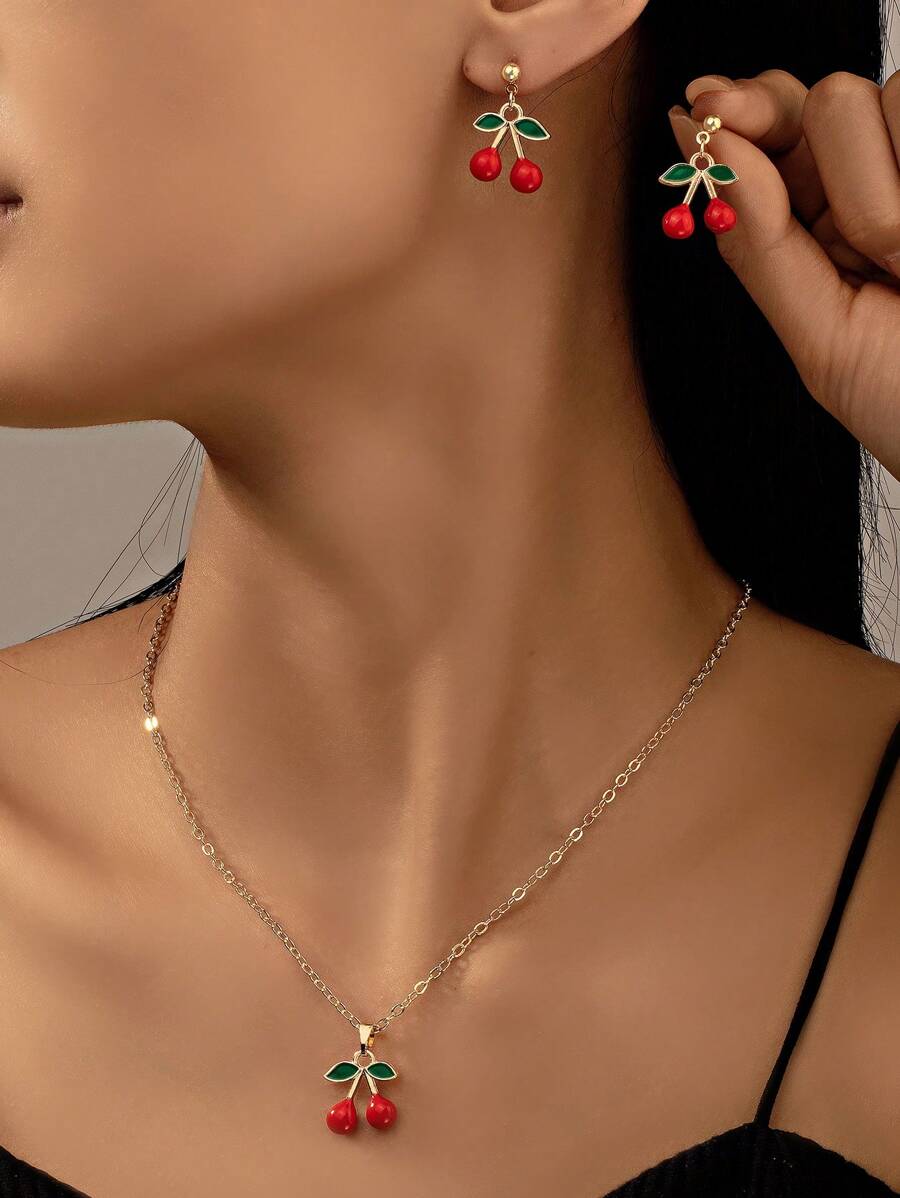 3pcs/Set Red Cherry Pendant Necklace & Earrings Jewelry Set, Cute & Sweet