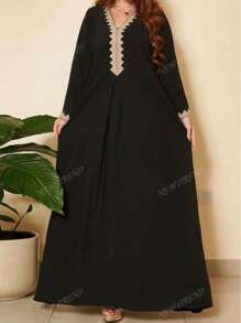 Women Spring/Summer Lace Patchwork Middle Eastern Floral Trim Loose Style Midi Dress, Eid Al-Adha