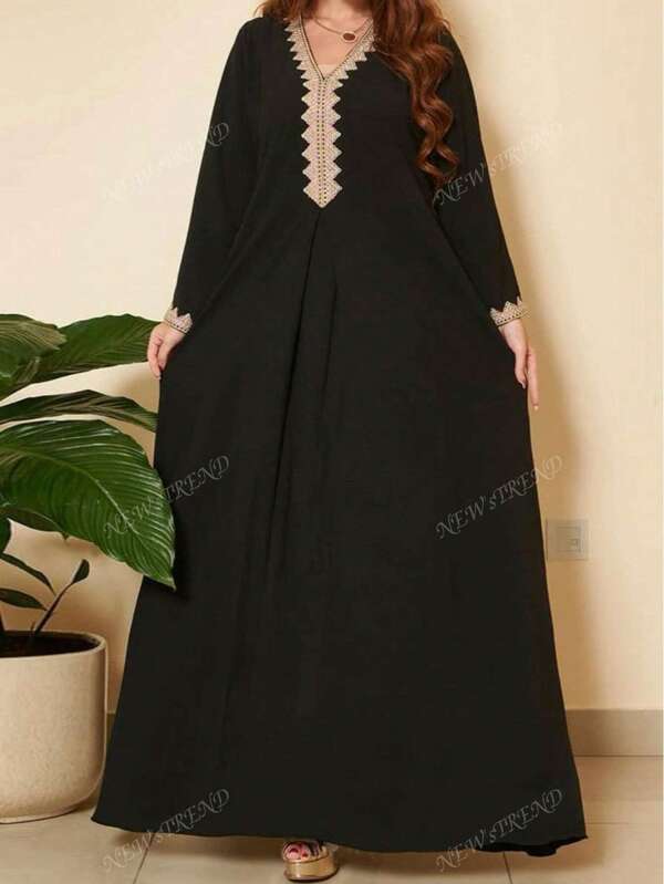 Women Spring/Summer Lace Patchwork Middle Eastern Floral Trim Loose Style Midi Dress, Eid Al-Adha