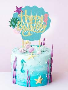 1 pieza Decoración para Tarta de Cumpleaños con Tema Oceánico de Sirena, con Estrella de Mar, Caballito de Mar, Concha, Coral y Cola de Sirena para Fiestas de Cumpleaños de Verano, Duchas de Bebé y Primeros Cumpleaños de Bebé, Navidad - Multicolor - Ver 2