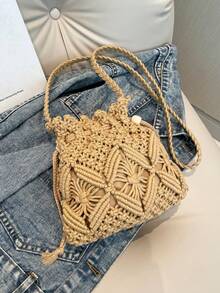春夏新款编织镂空针织手提包，大容量水桶包，女士单肩包，女士手提包。