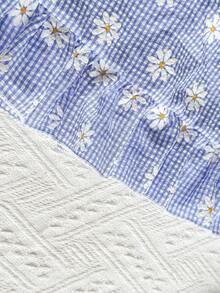 2pcs/Set Girls Summer Daisy Print Blue Plaid Top And Pants Set - Blue - View 8